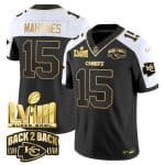 Kansas City Chiefs #15 Patrick Mahomes Black White 2024 F.U.S.E Super Bowl LVIII Patch With Back 2 Back Gold Patch Vapor Untouchable Limited Stitched Jersey