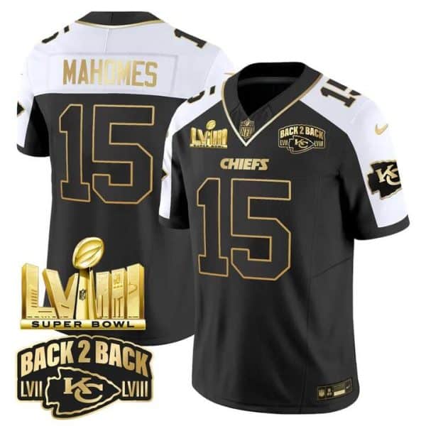 Kansas City Chiefs #15 Patrick Mahomes Black White 2024 F.U.S.E Super Bowl LVIII Patch With Back 2 Back Gold Patch Vapor Untouchable Limited Stitched Jersey
