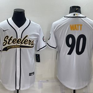 Pittsburgh Steelers #90 T.J. Watt White With Patch Cool Base Stitched Baseball Jersey