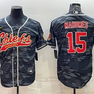 Kansas City Chiefs Blank #15 Patrick Mahomes Gray Navy Camo With Patch Cool Base Stitched Baseball Jersey