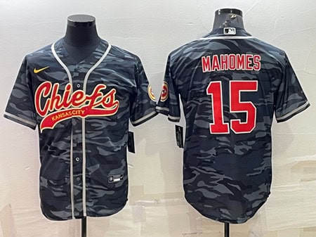 Kansas City Chiefs Blank #15 Patrick Mahomes Gray Navy Camo With Patch Cool Base Stitched Baseball Jersey