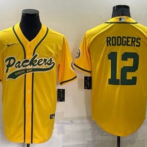 Green Bay Packers #12 Aaron Rodgers Yellow Cool Base Stitched Baseball Jersey