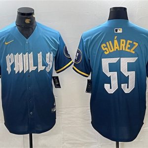 Philadelphia Phillies #55 Ranger Su¨¢rez Blue 2024 City Connect Limited Stitched Jersey
