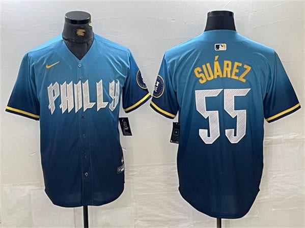 Philadelphia Phillies #55 Ranger Su¨¢rez Blue 2024 City Connect Limited Stitched Jersey