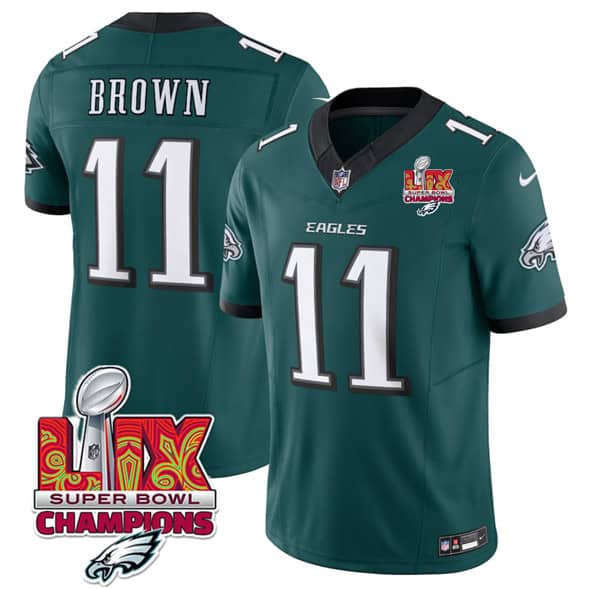 Philadelphia Eagles #11 A.J. Brown Green 2025 Eagles Logo Super Bowl LIX Patch New F.U.S.E. Vapor Untouchable Limited Stitched Jersey