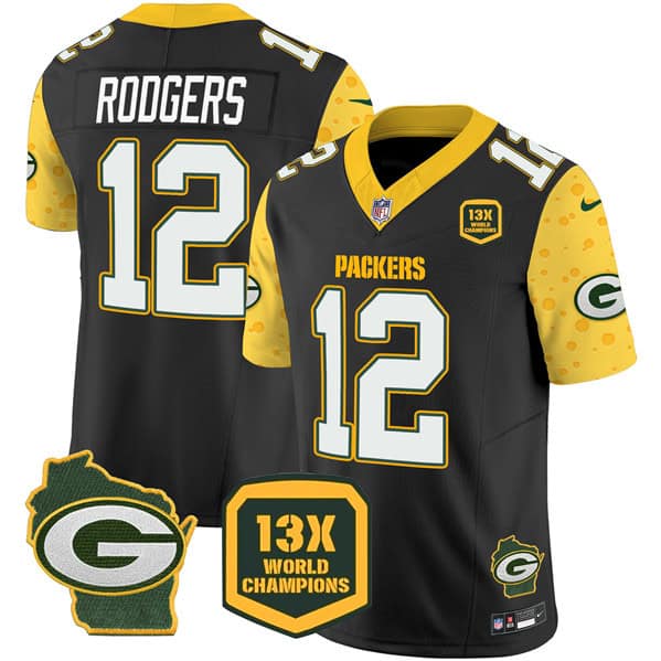 Green Bay Packers #12 Aaron Rodgers Black 2024 F.U.S.E. 13 Time World Champions And Home Patch Vapor Untouchable Limited Stitched Jersey