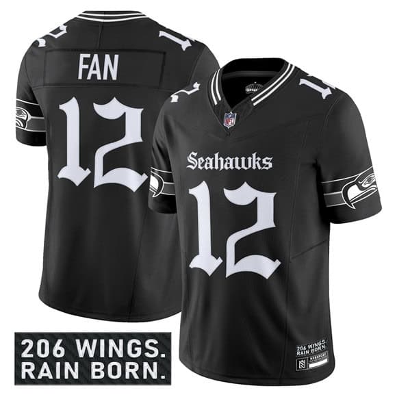 Seattle Seahawks #12 Fan Black 2025 F.U.S.E. 'Gothic Rain City Shadows Edition' Vapor Limited Football Stitched Jersey