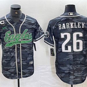Philadelphia Eagles #26 Saquon Barkley Gray Camo With 3-Star C Patch Cool Base Stitched Jersey