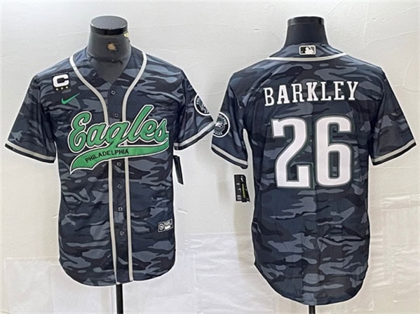 Philadelphia Eagles #26 Saquon Barkley Gray Camo With 3-Star C Patch Cool Base Stitched Jersey