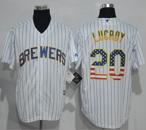 Brewers #20 Jonathan Lucroy White(Blue Strip) USA Flag Fashion Stitched Jersey