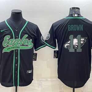 Philadelphia Eagles #11 A. J. Brown Black Team Big Logo With Patch Cool Base Stitched Baseball Jersey