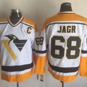 Penguins #68 Jaromir Jagr White Yellow CCM Throwback Stitched Jersey