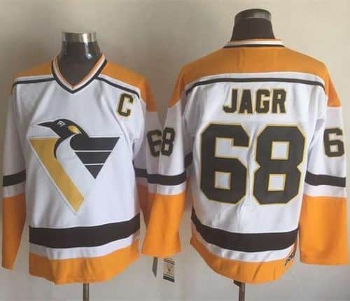 Penguins #68 Jaromir Jagr White Yellow CCM Throwback Stitched Jersey