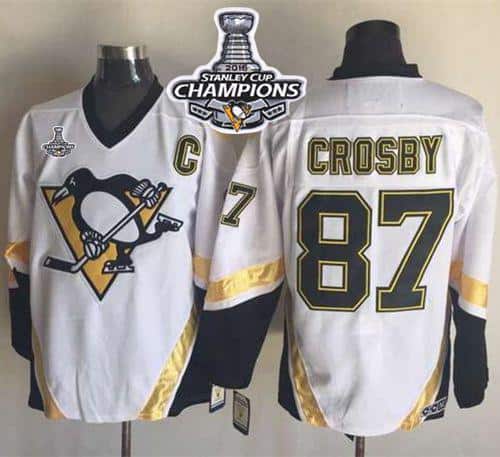 Penguins #87 Sidney Crosby White CCM Throwback 2016 Stanley Cup Champions Stitched Jersey