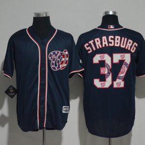 Washington Nationals #37 Stephen Strasburg Navy Team Logo Print Cool Base Stitched Jersey