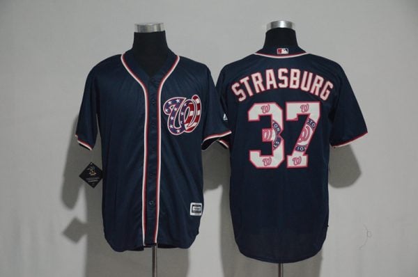Washington Nationals #37 Stephen Strasburg Navy Team Logo Print Cool Base Stitched Jersey