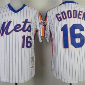 Mitchell And Ness Mets #16 Dwight Gooden Stitched White Blue Strip Throwback Jersey