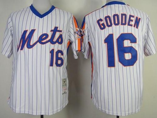 Mitchell And Ness Mets #16 Dwight Gooden Stitched White Blue Strip Throwback Jersey