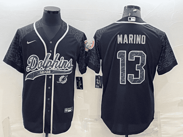 Miami Dolphins #13 Dan Marino Black Reflective With Patch Cool Base Stitched Baseball Jersey