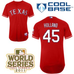 Rangers #45 Derek Holland Red Cool Base 2011 World Series Patch Stitched Jersey