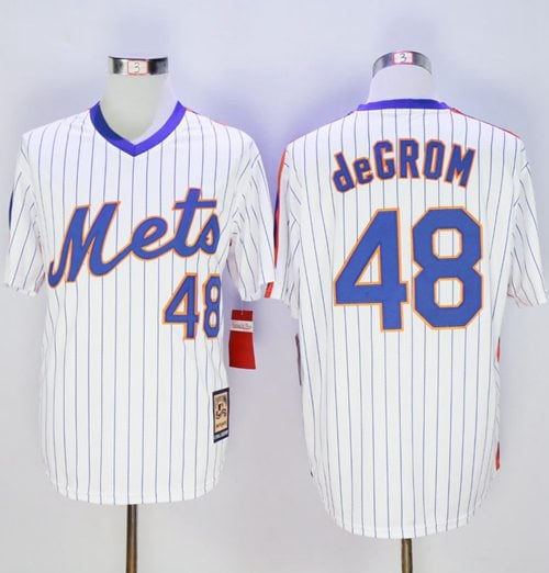 Mets #48 Jacob DeGrom White(Blue Strip) Cooperstown Stitched Jersey