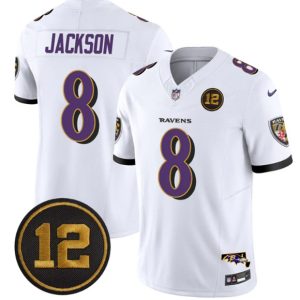 Baltimore Ravens #8 Lamar Jackson White 2025 F.U.S.E Jacoby Jones Patch Vapor Limited Jersey
