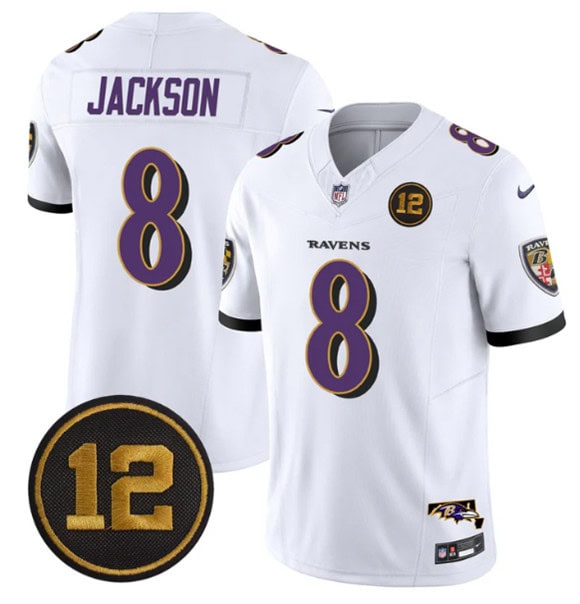 Baltimore Ravens #8 Lamar Jackson White 2025 F.U.S.E Jacoby Jones Patch Vapor Limited Jersey