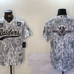 Las Vegas Raiders Team Big Logo 2024 Arctic Camo Salute To Service With 65th Anniversary Patch Stitched Jersey