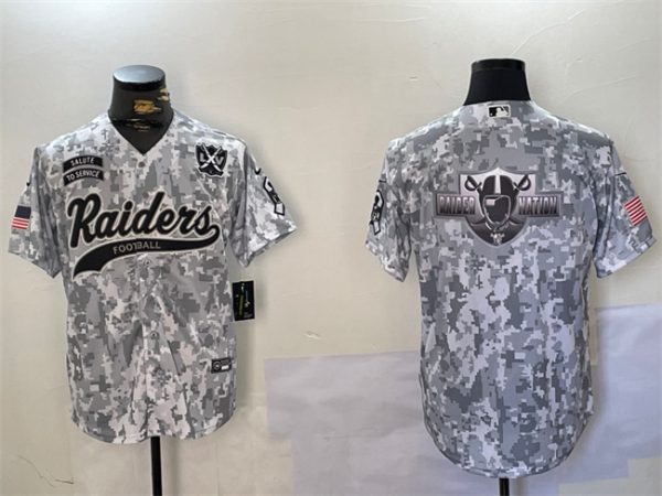 Las Vegas Raiders Team Big Logo 2024 Arctic Camo Salute To Service With 65th Anniversary Patch Stitched Jersey