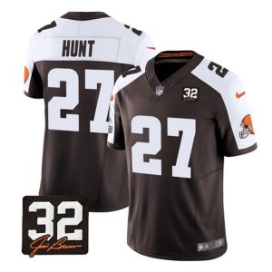 Cleveland Browns #27 Kareem Hunt Brown White 2023 F.U.S.E. With Jim Brown Memorial Patch Vapor Untouchable Limited Stitched Jersey