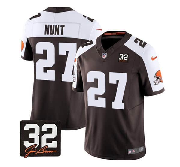 Cleveland Browns #27 Kareem Hunt Brown White 2023 F.U.S.E. With Jim Brown Memorial Patch Vapor Untouchable Limited Stitched Jersey