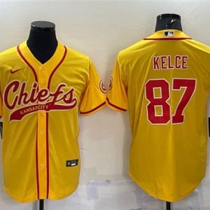 Kansas City Chiefs #87 Travis Kelce Gold With Patch Cool Base Stitched Baseball Jersey