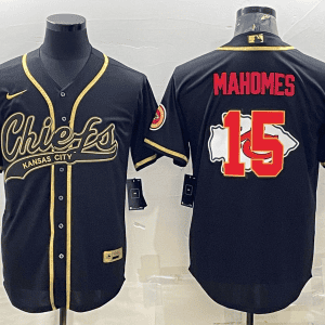 Kansas City Chiefs #15 Patrick Mahomes Black Gold Team Big Logo With Patch Cool Base Stitched Baseball Jersey