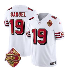 San Francisco 49ers #19 Deebo Samuel White 2023 F.U.S.E. 50th Patch Throwback Stitched Jersey