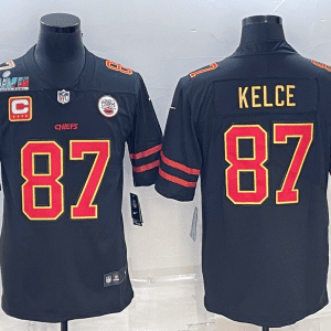 Kansas City Chiefs #87 Travis Kelce Black Red Gold Super Bowl LVII Patch And 4-Star C Patch Vapor Untouchable Limited Stitched Jersey