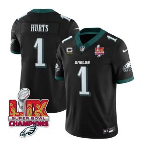 Philadelphia Eagles #1 Jalen Hurts Black 2025 Eagles Logo Super Bowl LIX Patch New F.U.S.E. Vapor Untouchable Limited Stitched Jersey
