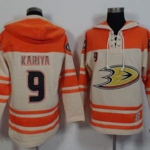 Ducks #9 Paul Kariya Cream Orange Sawyer Hooded Sweatshirt Stitched Jersey
