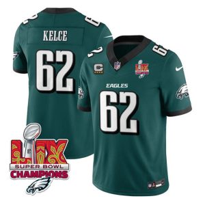 Philadelphia Eagles #62 Jason Kelce Green 2025 Eagles Logo Super Bowl LIX Patch And 4-Star C Patch New F.U.S.E. Vapor Limited Stitched Jersey