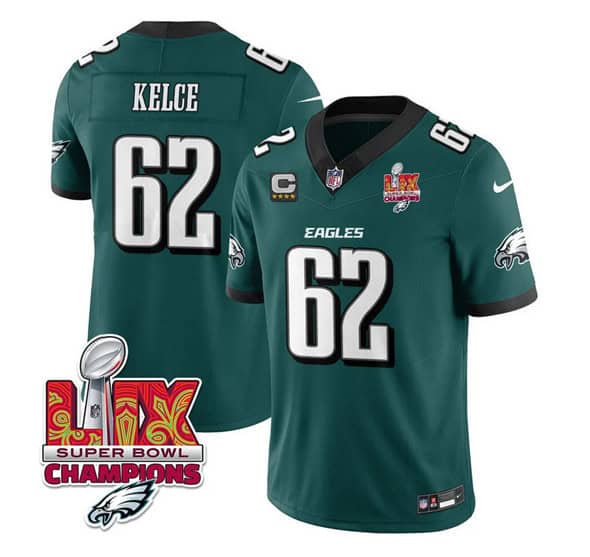 Philadelphia Eagles #62 Jason Kelce Green 2025 Eagles Logo Super Bowl LIX Patch And 4-Star C Patch New F.U.S.E. Vapor Limited Stitched Jersey