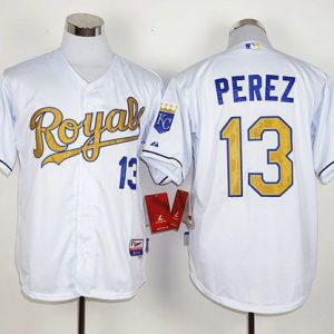 Royals #13 Salvador Perez White 2015 World Series Champions Gold Program Stitched Jersey