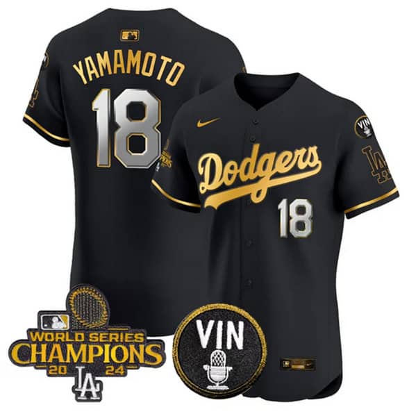 Los Angeles Dodgers #18 Yoshinobu Yamamoto Black Gold 2024 World Series Champions With Vin Patch Vapor Limited Stitched Jersey