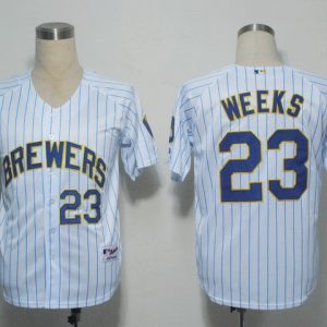Brewers #23 Rickie Weeks White Blue Strip Stitched Jersey