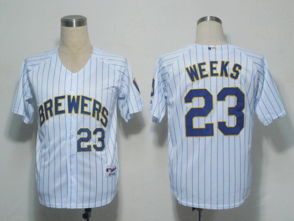 Brewers #23 Rickie Weeks White Blue Strip Stitched Jersey
