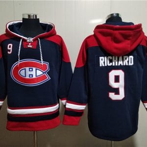 Montreal Canadiens #9 Maurice Richard Navy Red Lace-Up Pullover Hoodie