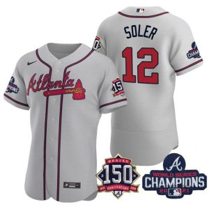 Atlanta Braves #12 Jorge Soler 2021 Gray World Series Champions With 150th Anniversary Flex Base Stitched Jersey