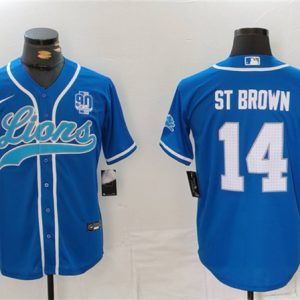 Detroit Lions #14 Amon-Ra St. Brown Blue With 90th Anniversary Patch Cool Base Stitched Jersey