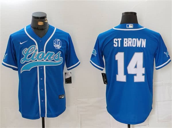 Detroit Lions #14 Amon-Ra St. Brown Blue With 90th Anniversary Patch Cool Base Stitched Jersey