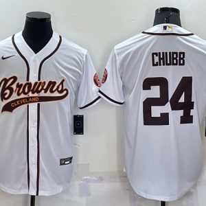 Cleveland Browns #24 Nick Chubb White With Patch Cool Base Stitched Baseball Jersey
