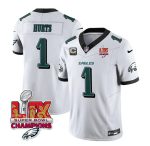 Philadelphia Eagles #1 Jalen Hurts White 2025 Eagles Logo Super Bowl LIX Patch New F.U.S.E. Vapor Untouchable Limited Stitched Jersey