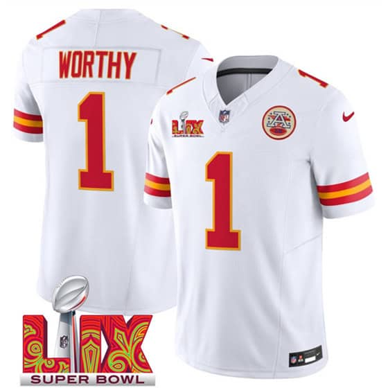 Kansas City Chiefs #1 Xavier Worthy White 2025 F.U.S.E. Super Bowl LIX Patch Vapor Untouchable Limited Stitched Jersey